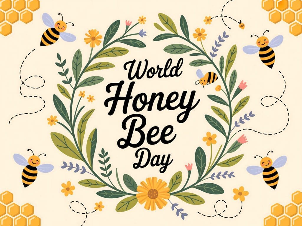 A charming illustration for World Honey Bee Day featuring a circular floral arrangement with bees and the celebratory text.