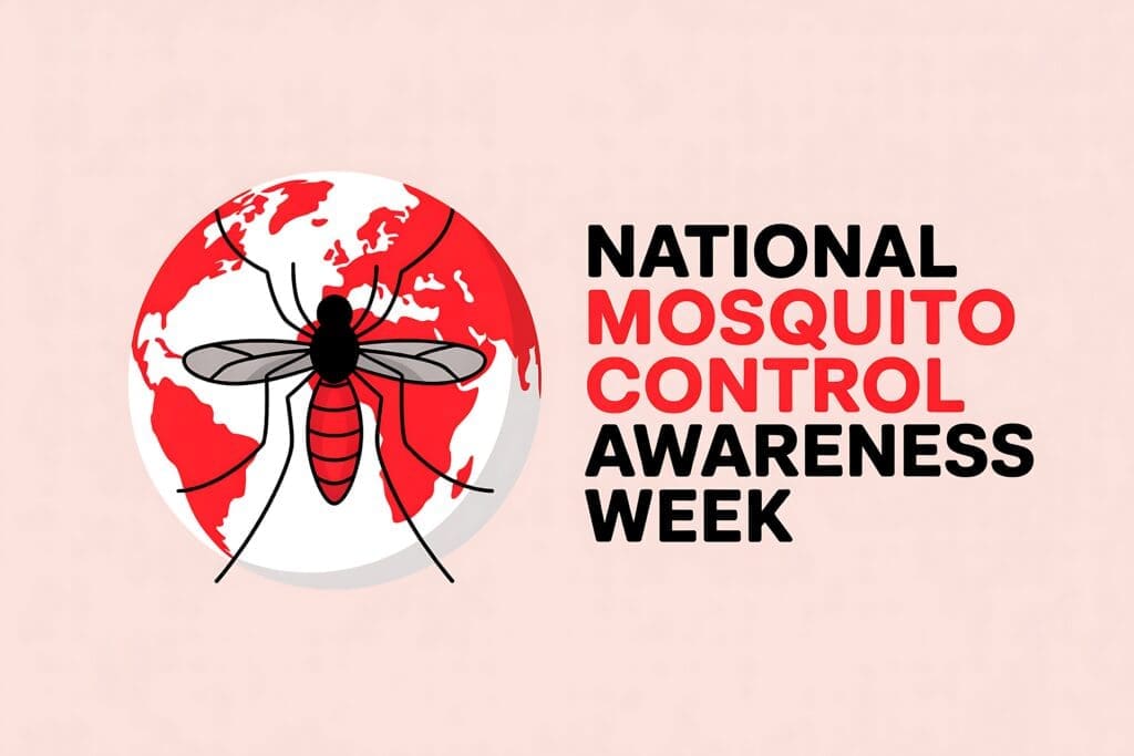 Illustration for national mosquito control awareness week with a mosquito on a globe