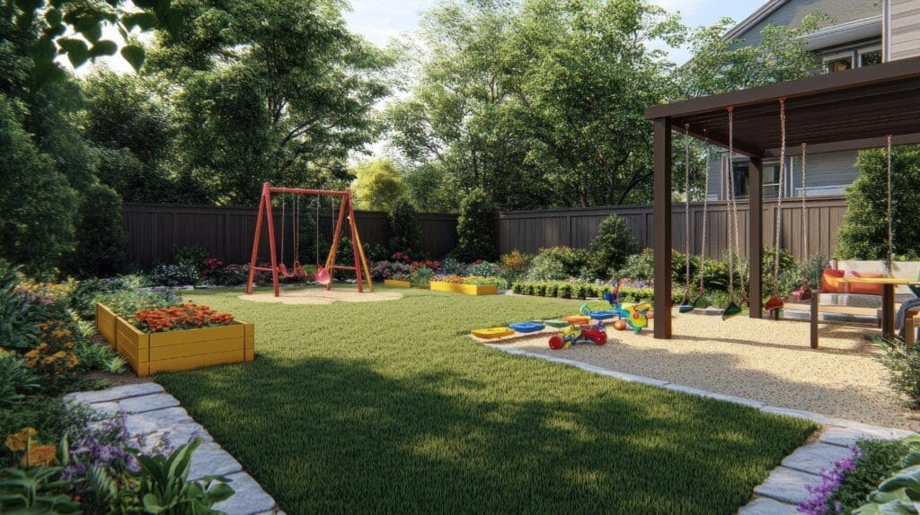 Backyard Paradise with Swing Sets and Play Area