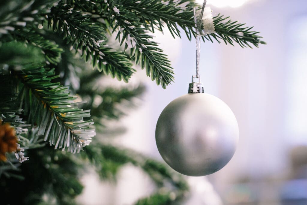 Christmas tree branch decorated with silver balls and white decor.