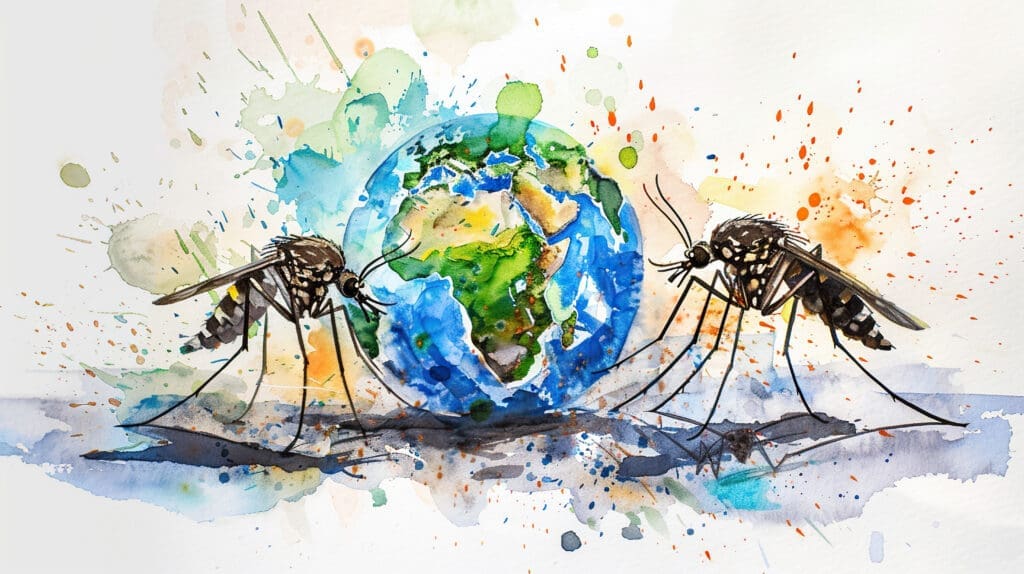 World Malaria Day logo 25 april, illustration watercolor art of earth attacked by mosquitoes causing malaria