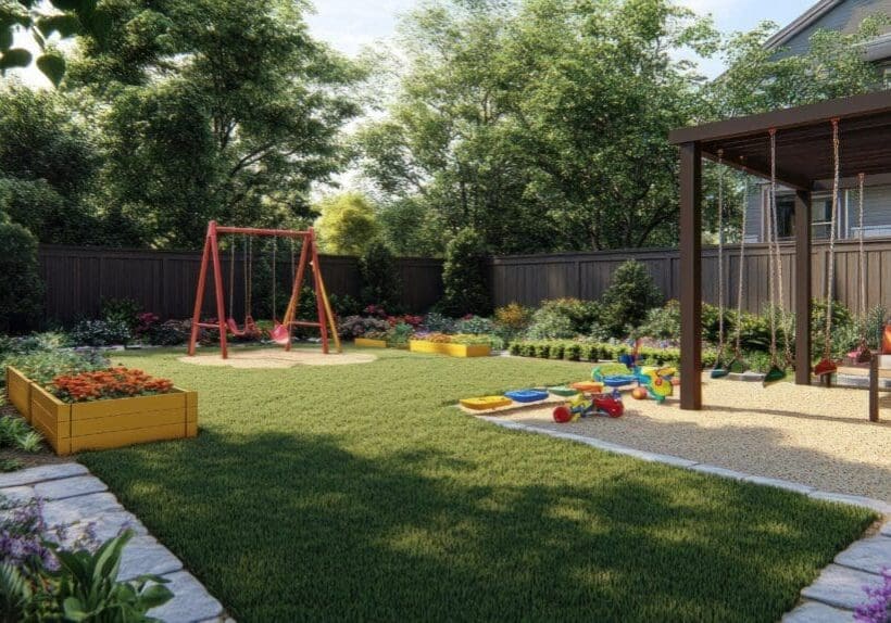 Backyard Paradise with Swing Sets and Play Area