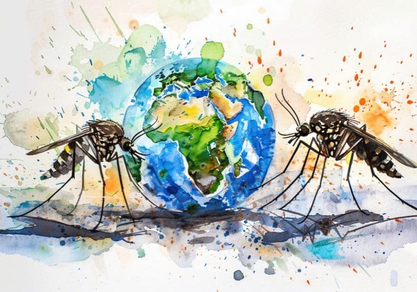 World Malaria Day logo 25 april, illustration watercolor art of earth attacked by mosquitoes causing malaria